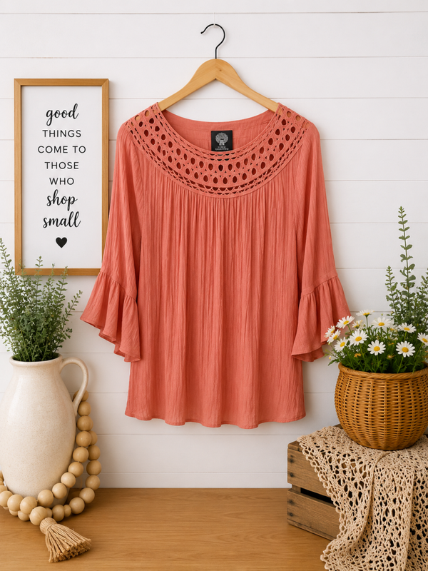Robert Louis burnt orange crochet neck top Size Large