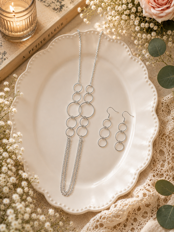 Long silver tone necklace set
