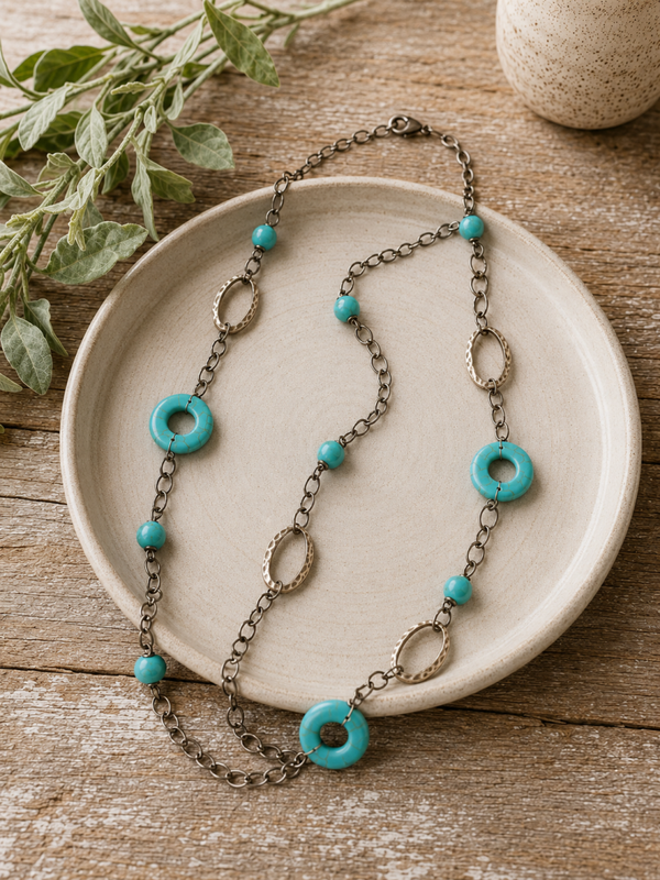 Silver & gold tone necklace set with turquoise accents