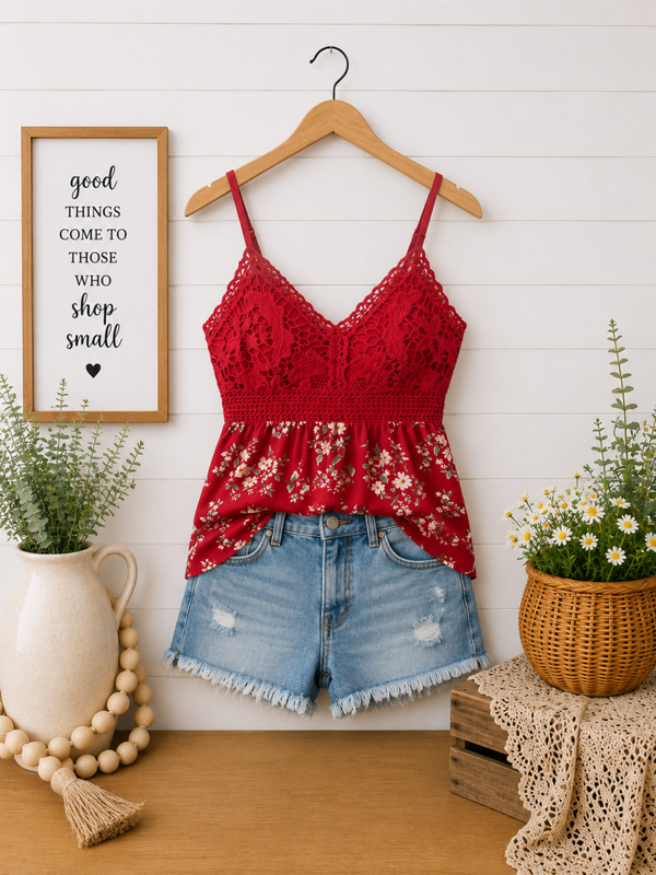 No bounds Red flowered crochet tank Size Large