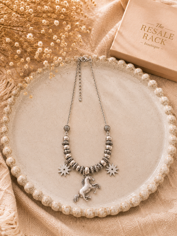 Horse w/spurs silver tone necklace
