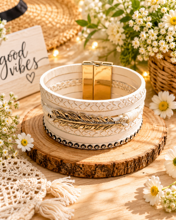 White stacked feather bracelet