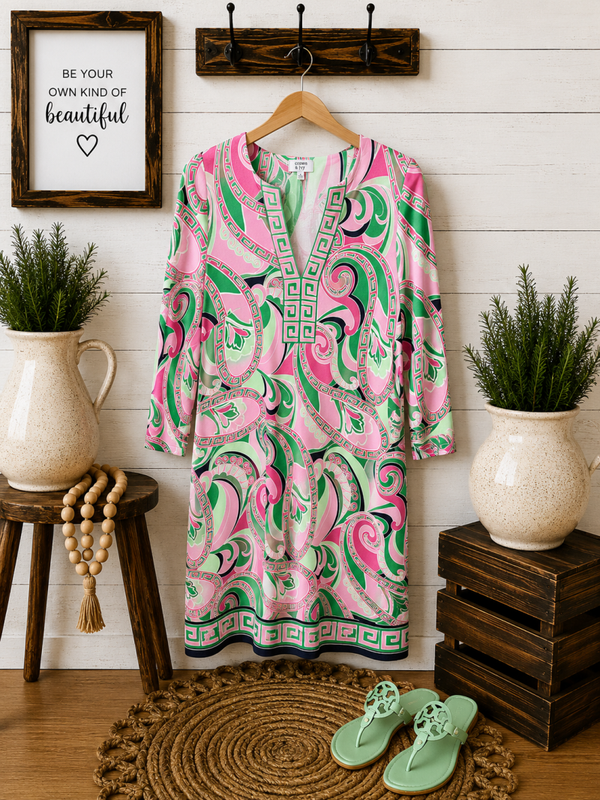 Crown & Ivy pink and green print dress size medium