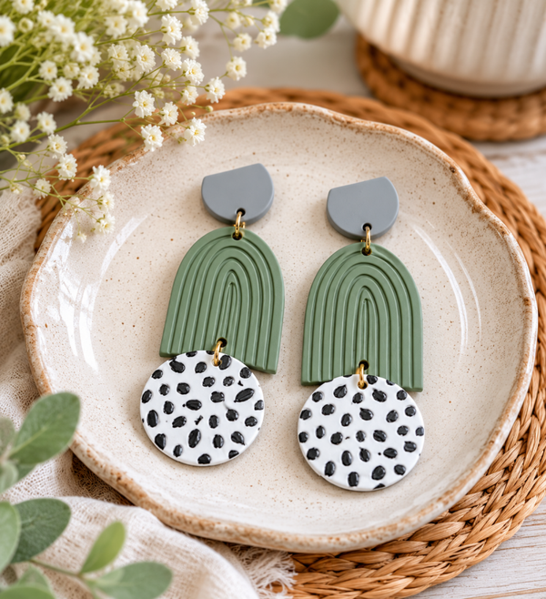 Green and white post earrings