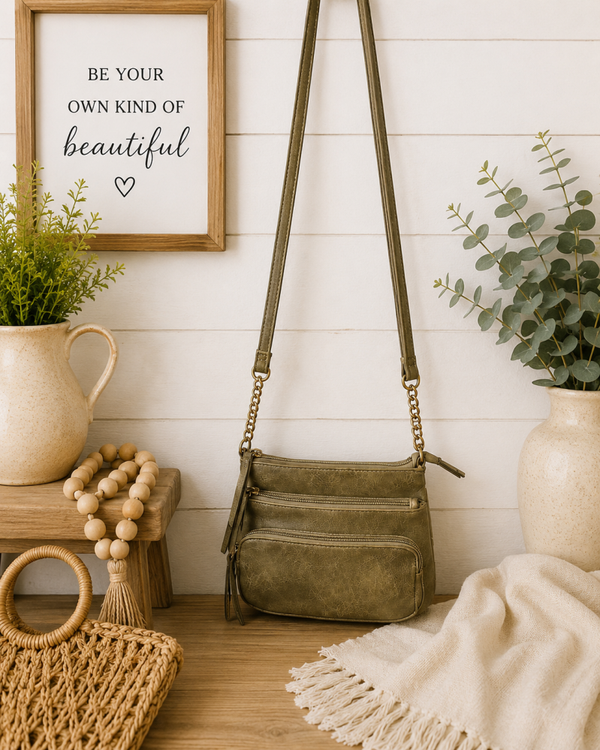 Olive green vegan leather cross body purse