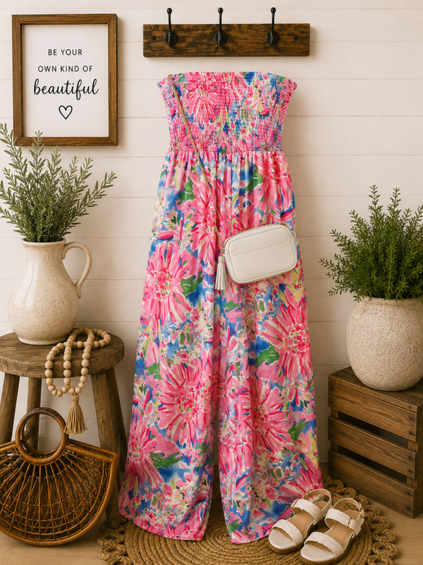 Soft scrunch strapless pink printed jumpsuit Size 2X