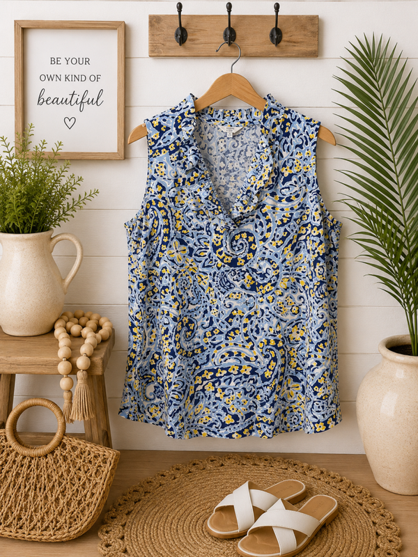 Crown & Ivy blue & yellow ruffled tank Size XL