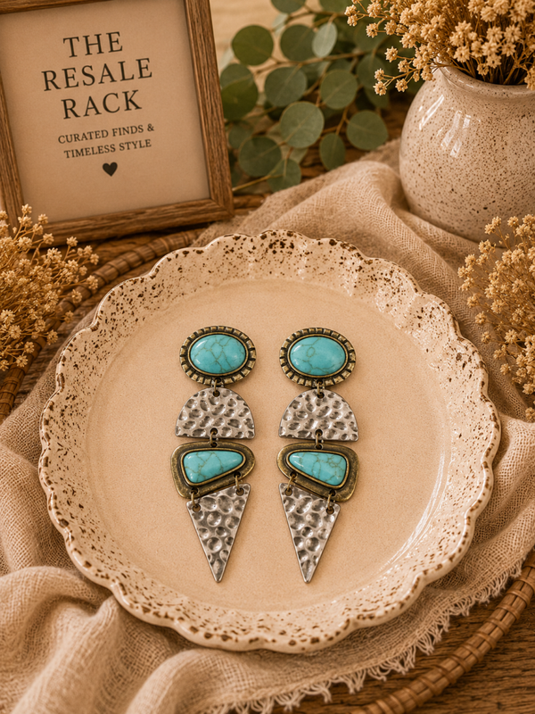 Turquoise style and hammered metal earrings