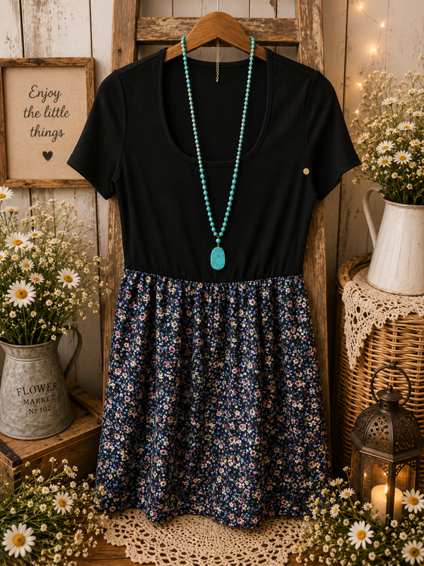 Black and flower mid length dress Size Large