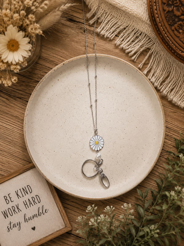 Beautiful Daisy lanyard silver tone