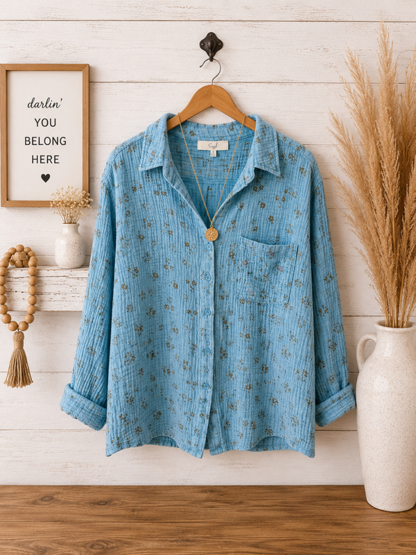 Easel blue print L/S Cotton top Size Small