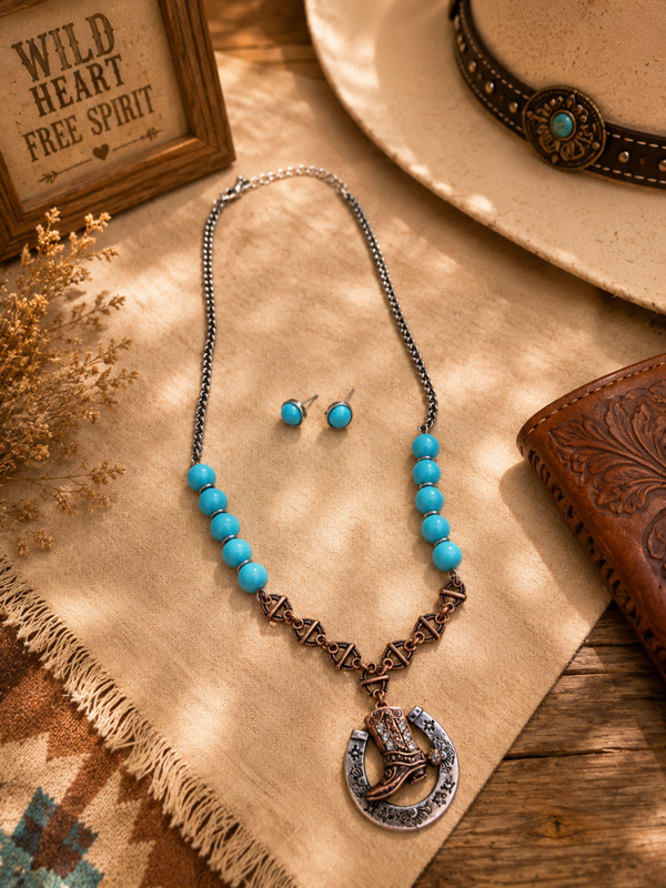 Spurred boot and horseshoe turquoise bead style necklace