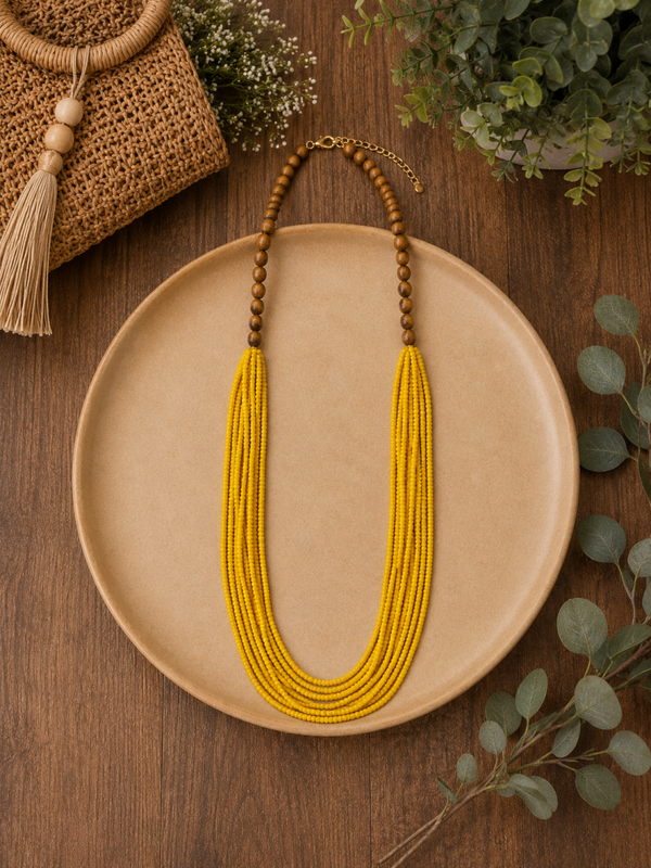 Yellow seed bead long necklace