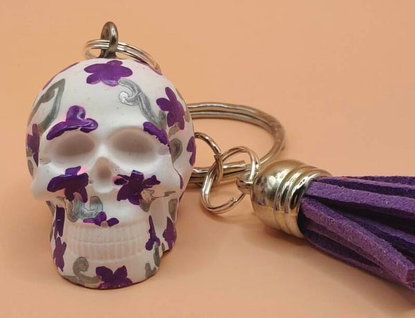 Mini skull keyring purple flower/purple