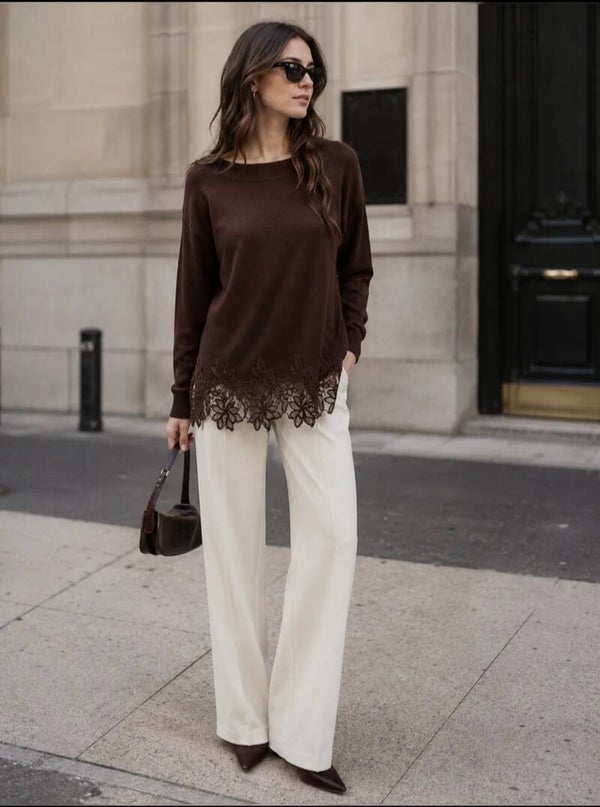 Pull dentelle marron