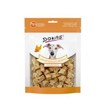 Dokas Dog Snack Hühnerbrust-Würfel & Süsskartoffel & Leinsamen 8 x 150g (33,33€/kg)