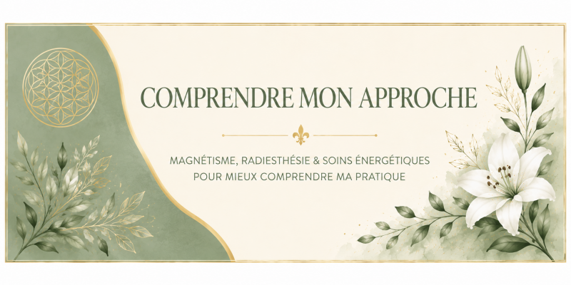 Bannière comprendre mon approche présentant le magnétisme, la radiesthésie et les soins énergétiques, avec des fleurs blanches et des motifs verts et dorés 