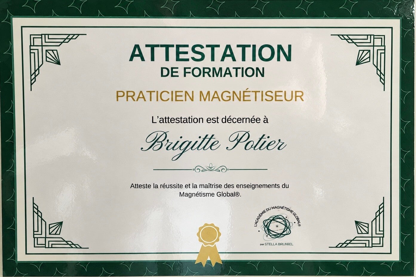 Attestation de formation Praticien Magnétiseur délivrée à Brigitte Potier 