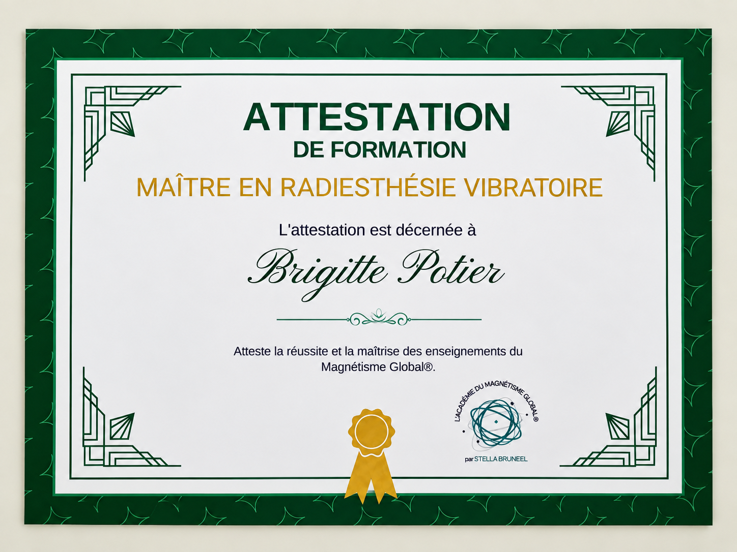 Attestation de formation Maître en Radiesthésie Vibraatoire délivrée à Brigitte Potier.