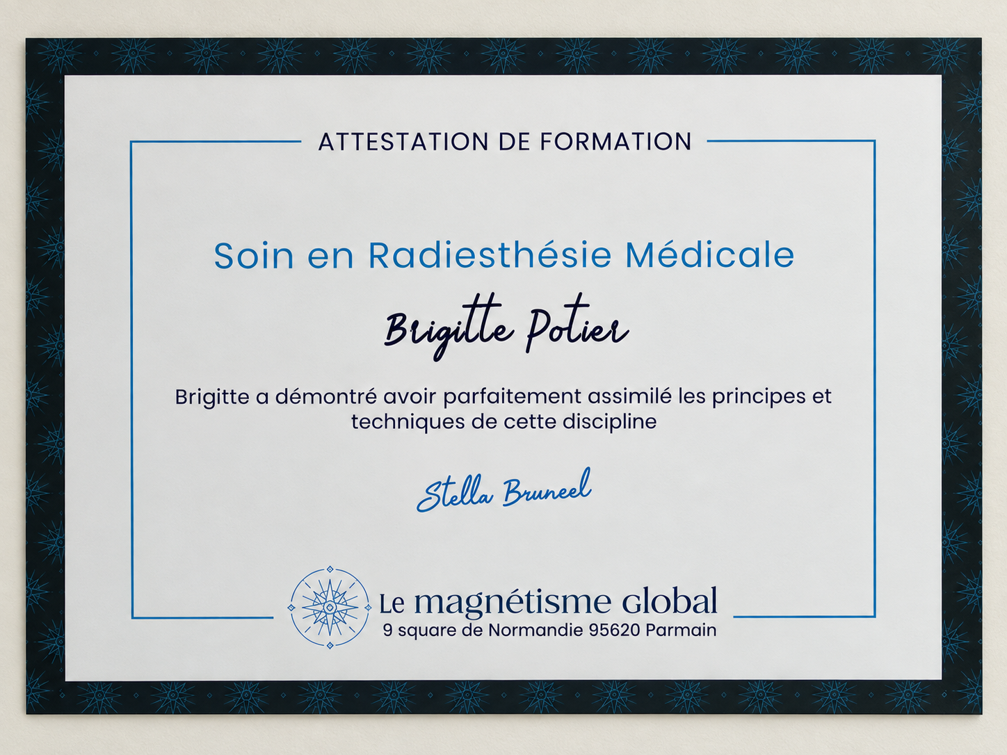Attestation de formation en radiesthésie médicale au nom de Brigitte Potier