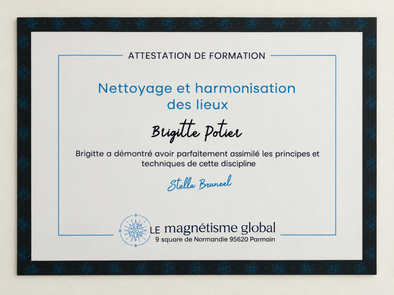 Attestation de formation Nettoyage et harmonisation des lieux délivrée à Brigitte Potier, consacrée aux soins énergétiques de l'habitat.