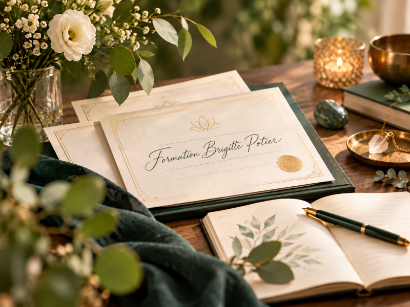 Présentation des formations de Brigitte Potier, énergéticienne : dossier de formation, carnet, fleurs et bougie dans un ambiance apaisante.