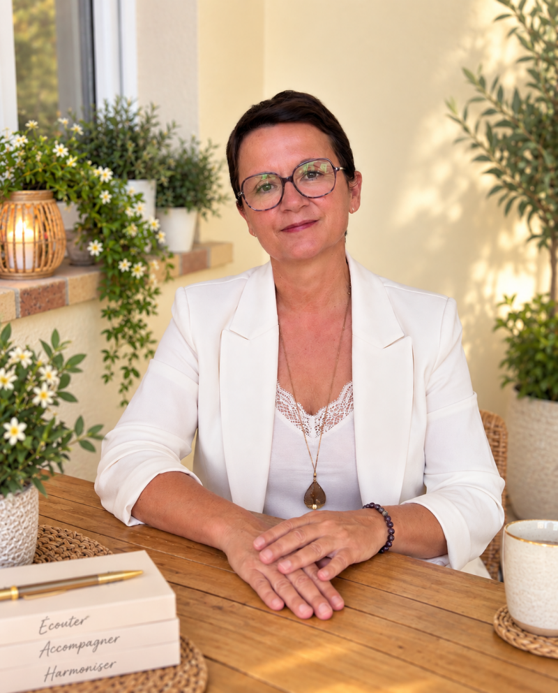 Portrait de Brigitte Potier, énergéticienne proposant des soins énergétiques à distance partout en France, dans un décor fleuri et lumineux.