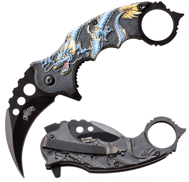 Blue Dragon Karambit Tactical Spring Assist Knife With Finger Ring
