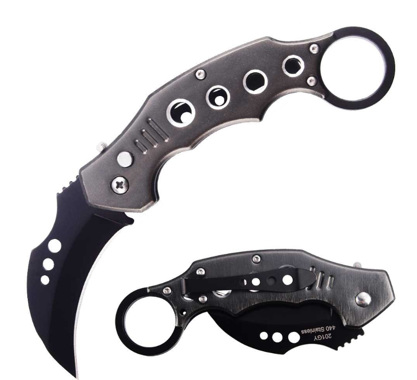 5" Closed Switch Blade Karambit Knife With Finger Ring - Grey