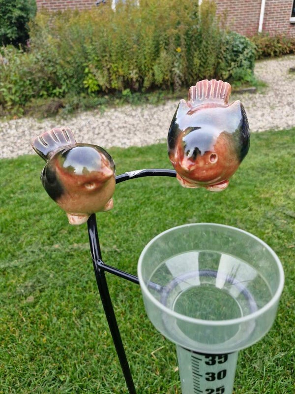 Regenmeter met 2 vogeltjes met plastic regenmeter bakje.