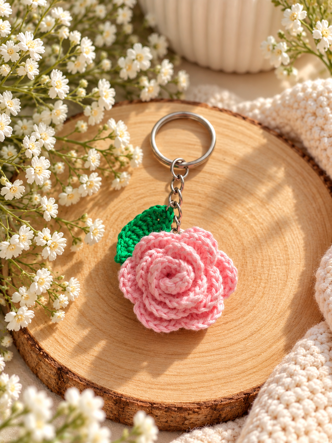 Porte clé rose avec feuille