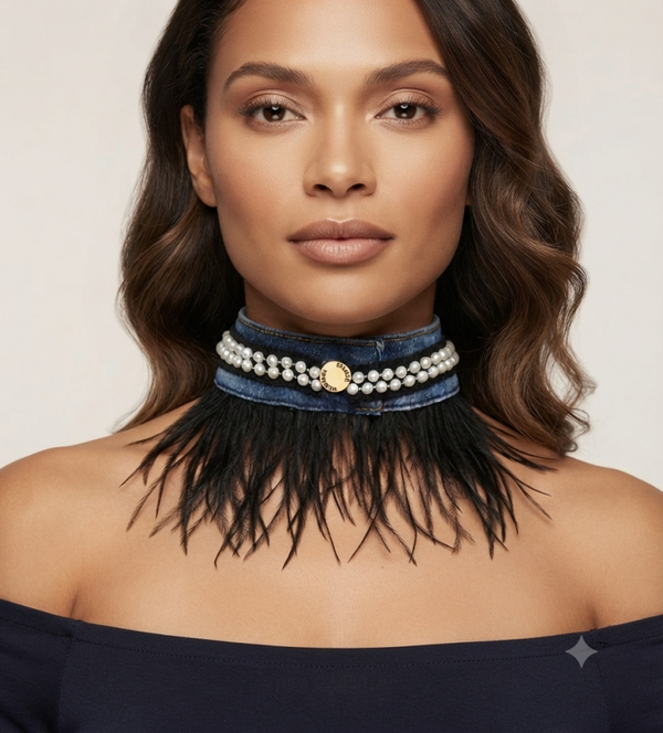 ​The 'Noir & Pearls' Feathered Denim Choker