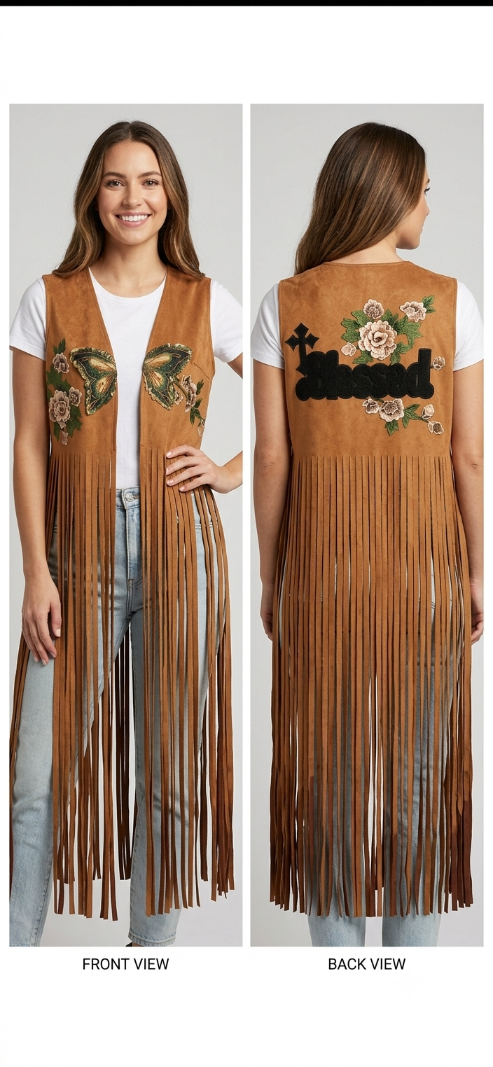 Western Boho Embroidered Fringe Long Vest