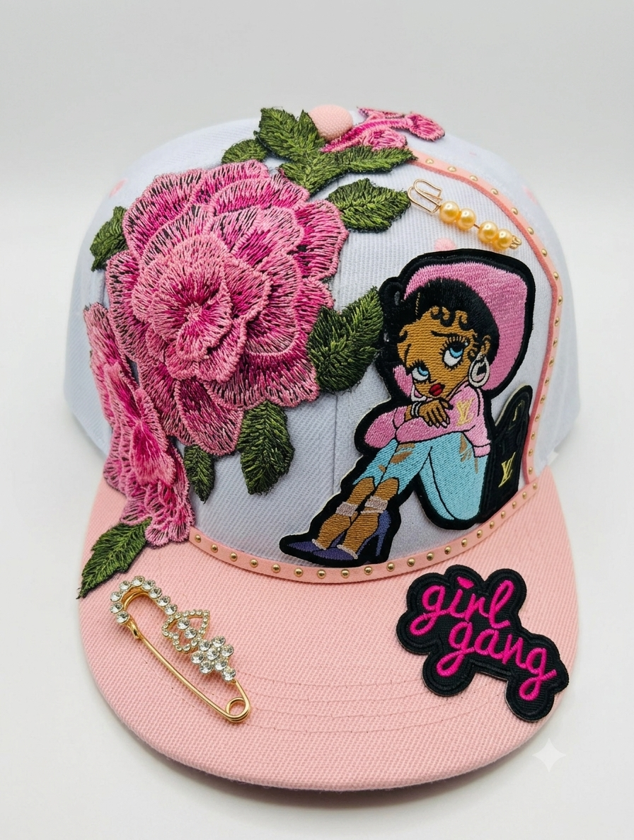 Floral & Fashion Patch Embellished Snapback Cap – "Girl Gang" Edition