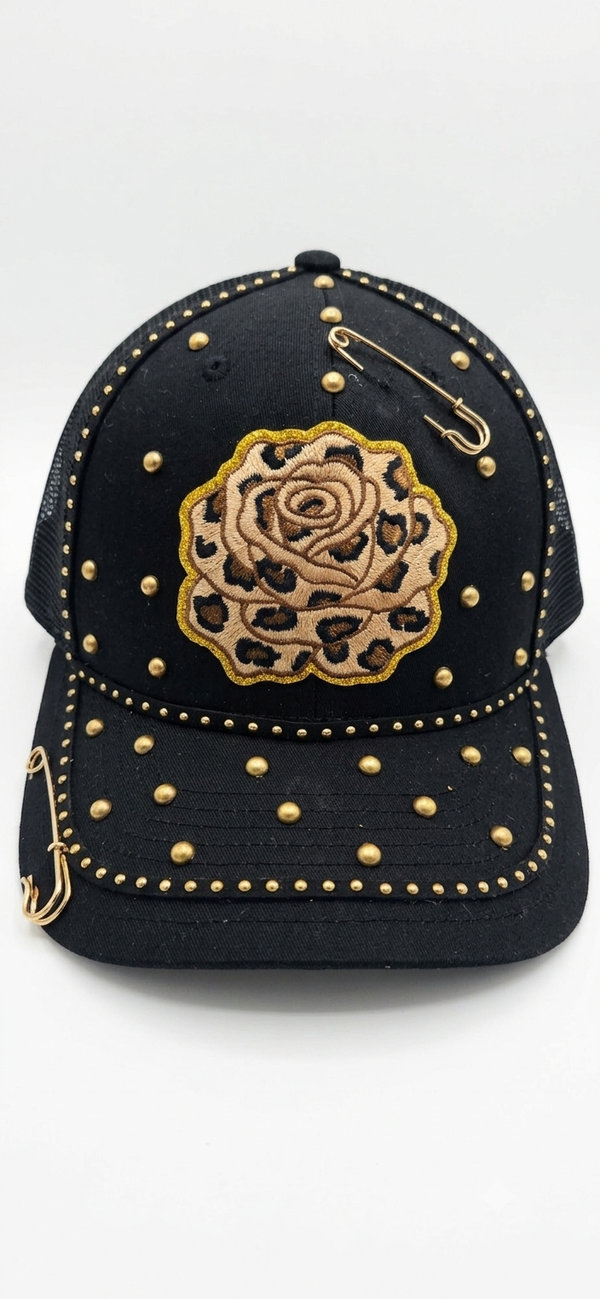 Leopard Rose Studded Trucker Cap