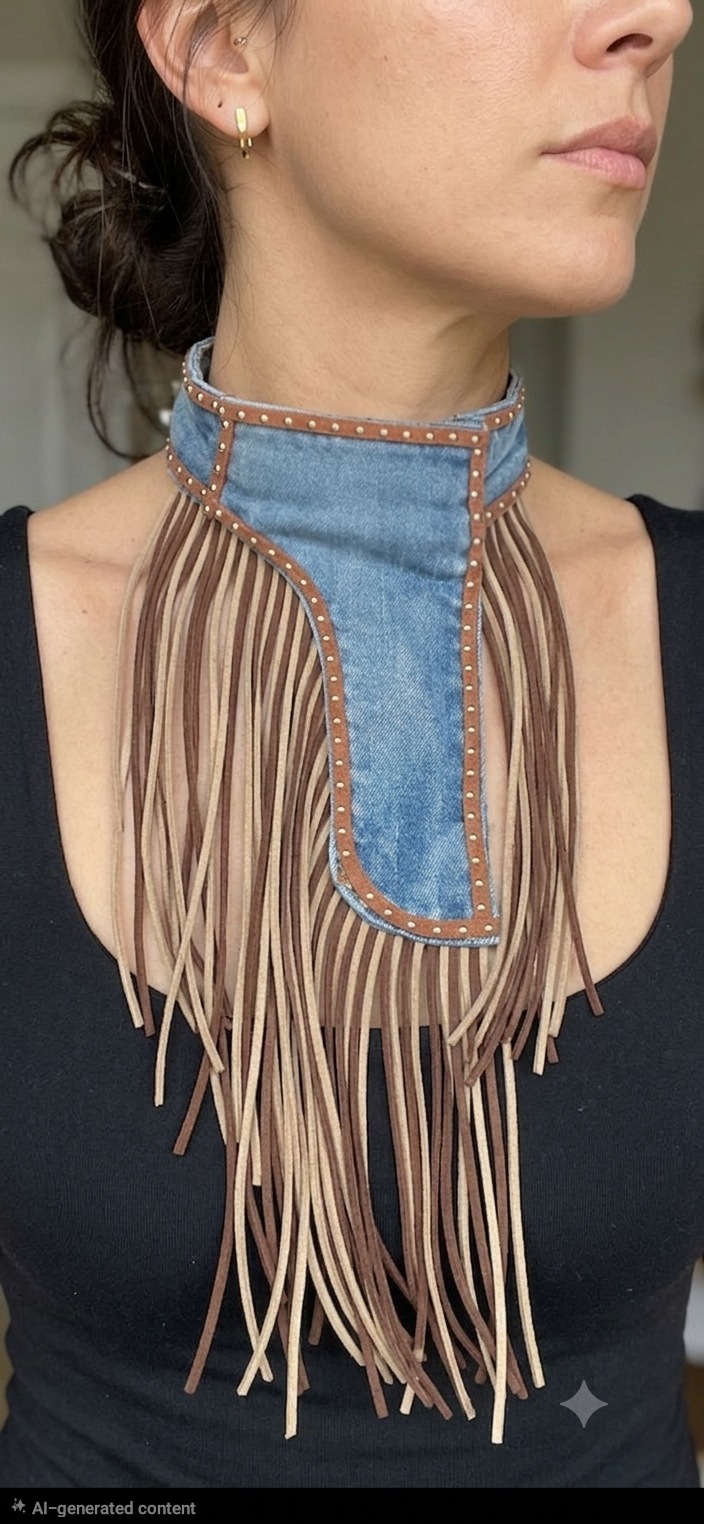 ​Upcycled Western Fringe Denim Statement Choker
