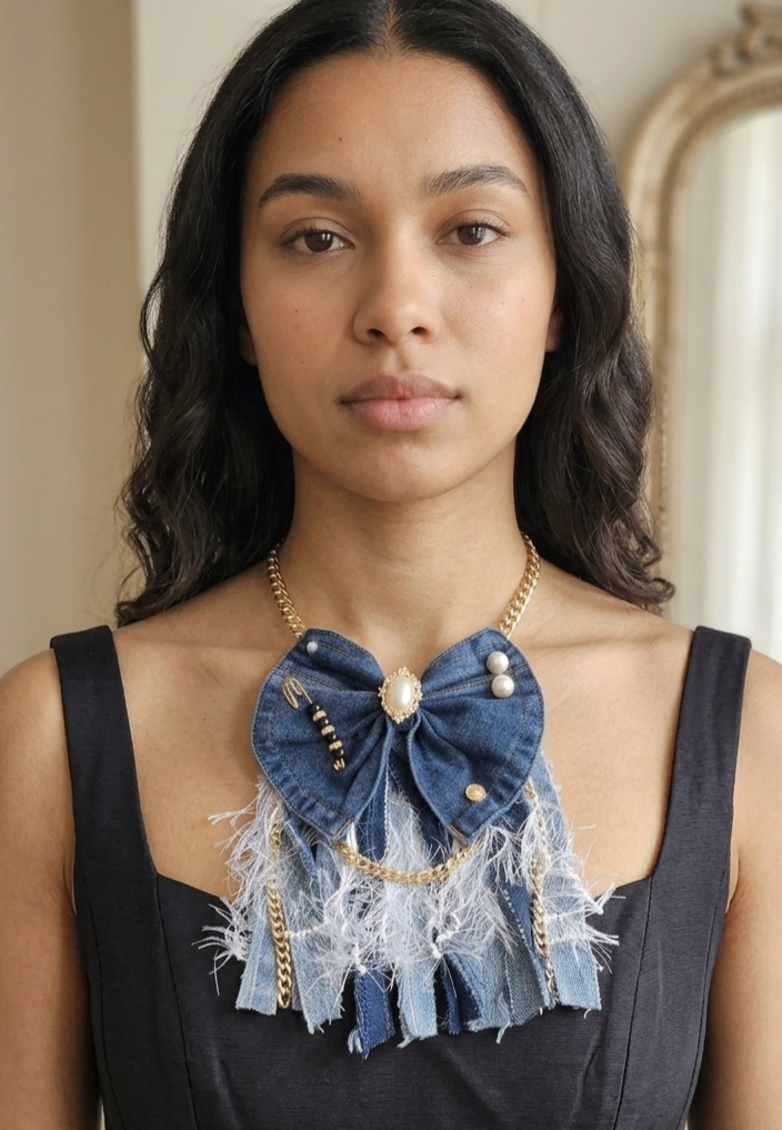 Upcycled Denim & Pearl Statement Bow Necklace