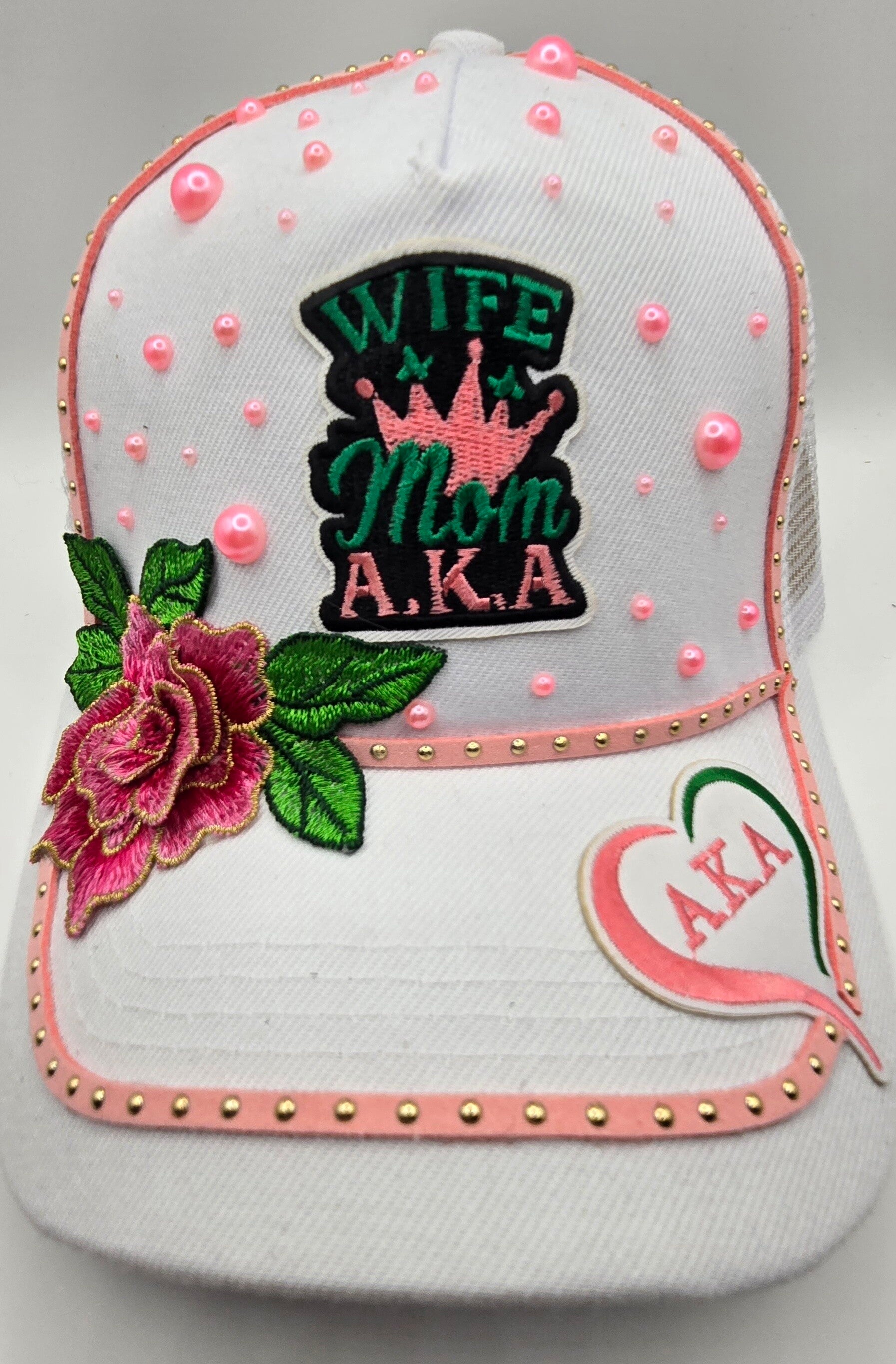 Wife, Mom, A.K.A." Pearl & Floral Embellished Trucker Cap
