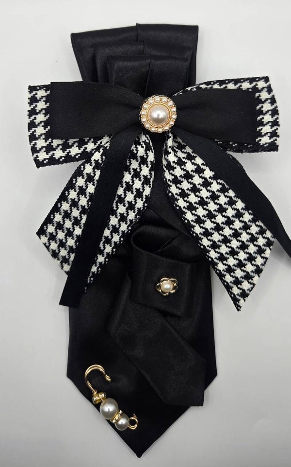 Houndstooth & Pearl Statement Ribbon Necktie