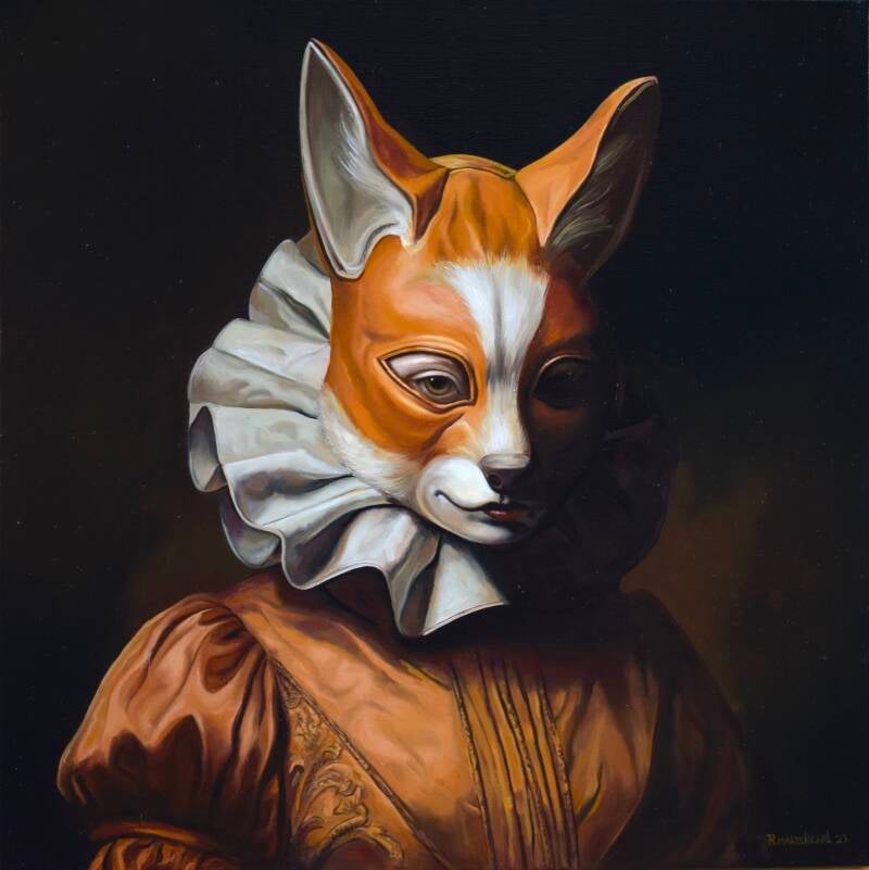 Dame met vossen masker, Schilderij van Richard Hartskeerl 