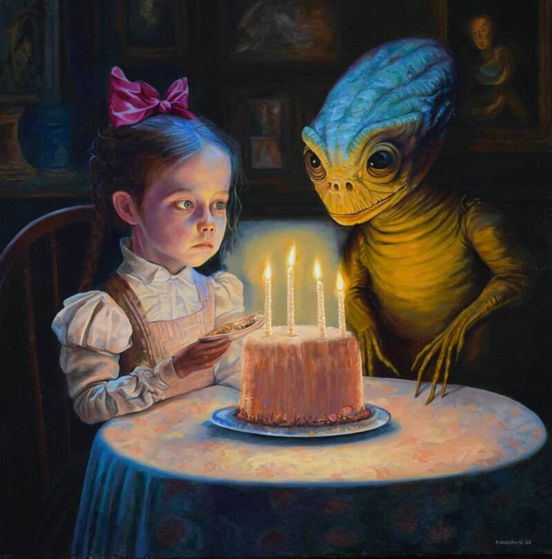 Meisje krijgt verjaardagsvisite van alien, Schilderij van Richard Hartskeerl