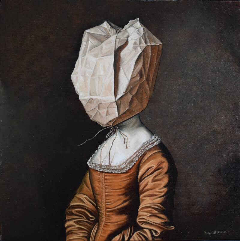 Dame met papieren zak over het hoofd, Schilderij van Richard Hartskeerl