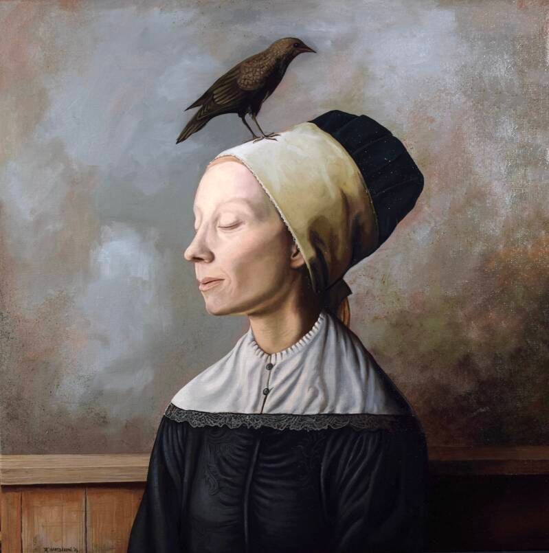 Slapende dame met vogel op haar hoofd, schilderij Richard Hartskeerl