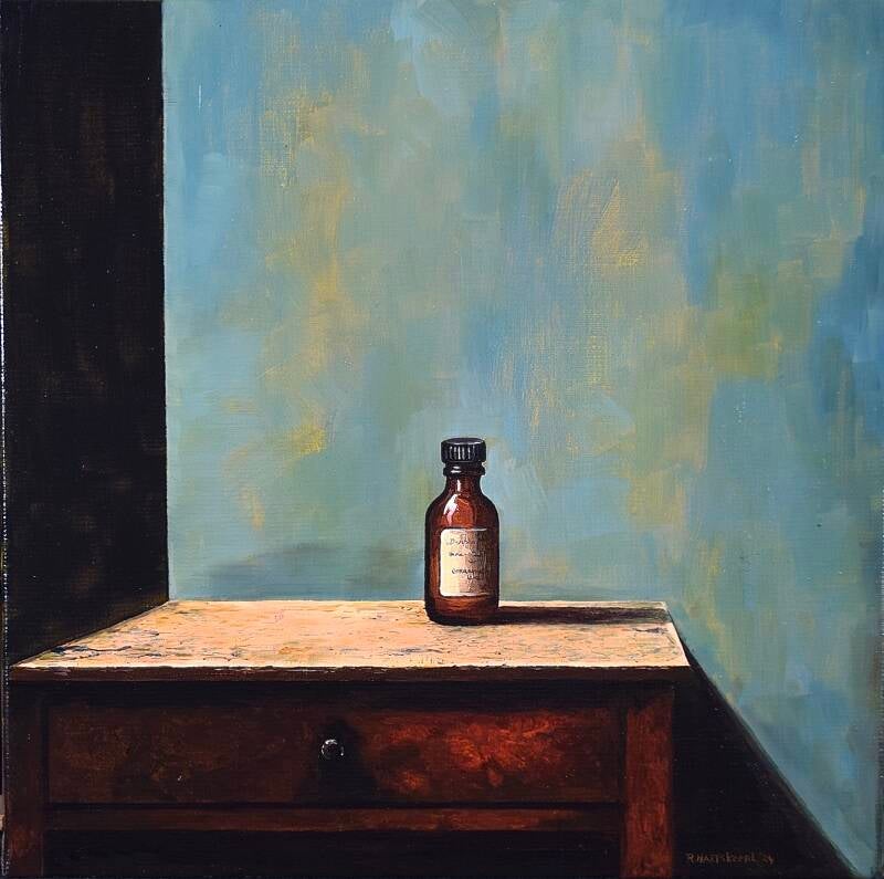 welterusten, schilderij van medicijnflesje door richard hartskeerl