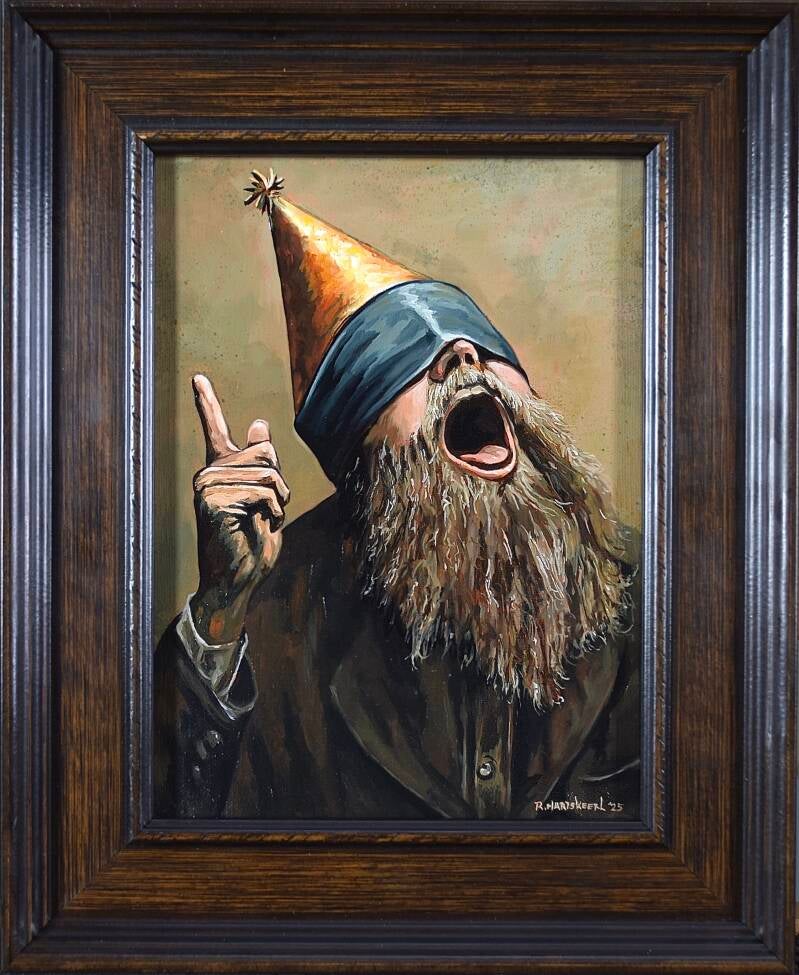 schilderij van man met puntsmuts en weid open mond, gemaakt door richard hartskeerl