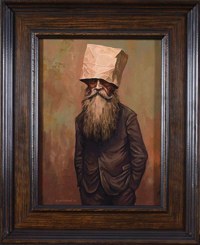 schilderij van man met papieren zak over het hoofd, schilderij van richard hartskeerl