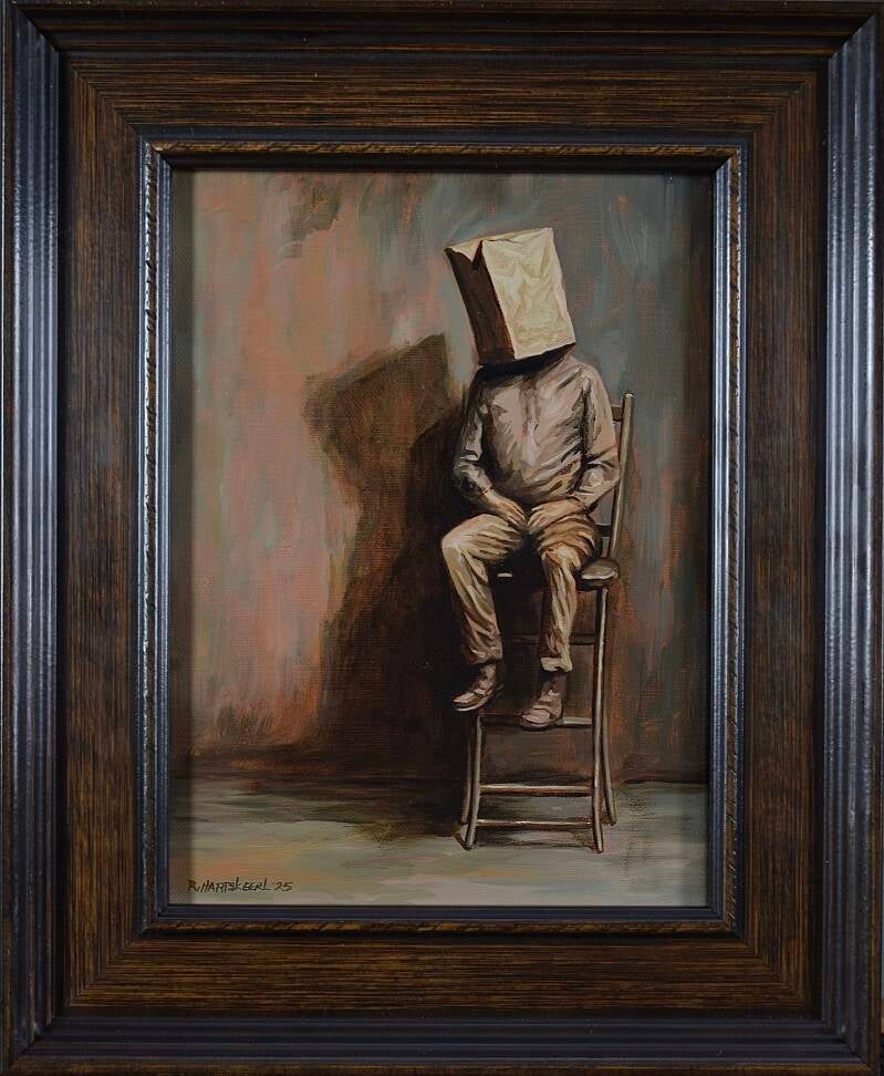schaamte, schilderij van man met zak over het hoofd, gemaakt door richard hartskeerl