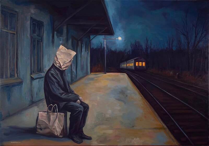 laatste trein, schilderij van eenzame figuur op perron in de nacht, schilderij van richard hartskeerl