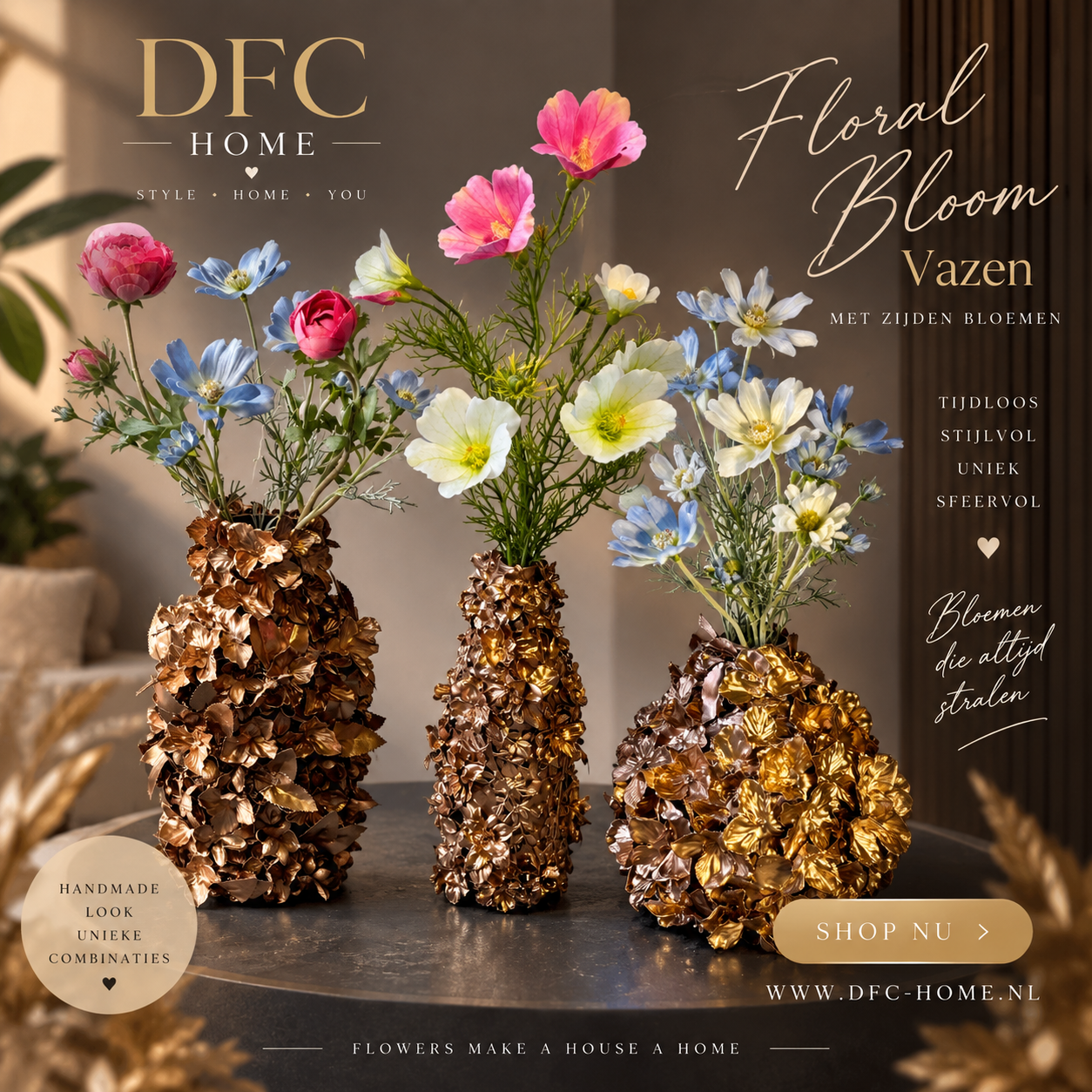 Floral Design Collection | Floral Bloom Collectie By DFC | DFC  -  Home | Handgemaakte Design vaas | Discount fashion corner | Gouden bloem vaas 