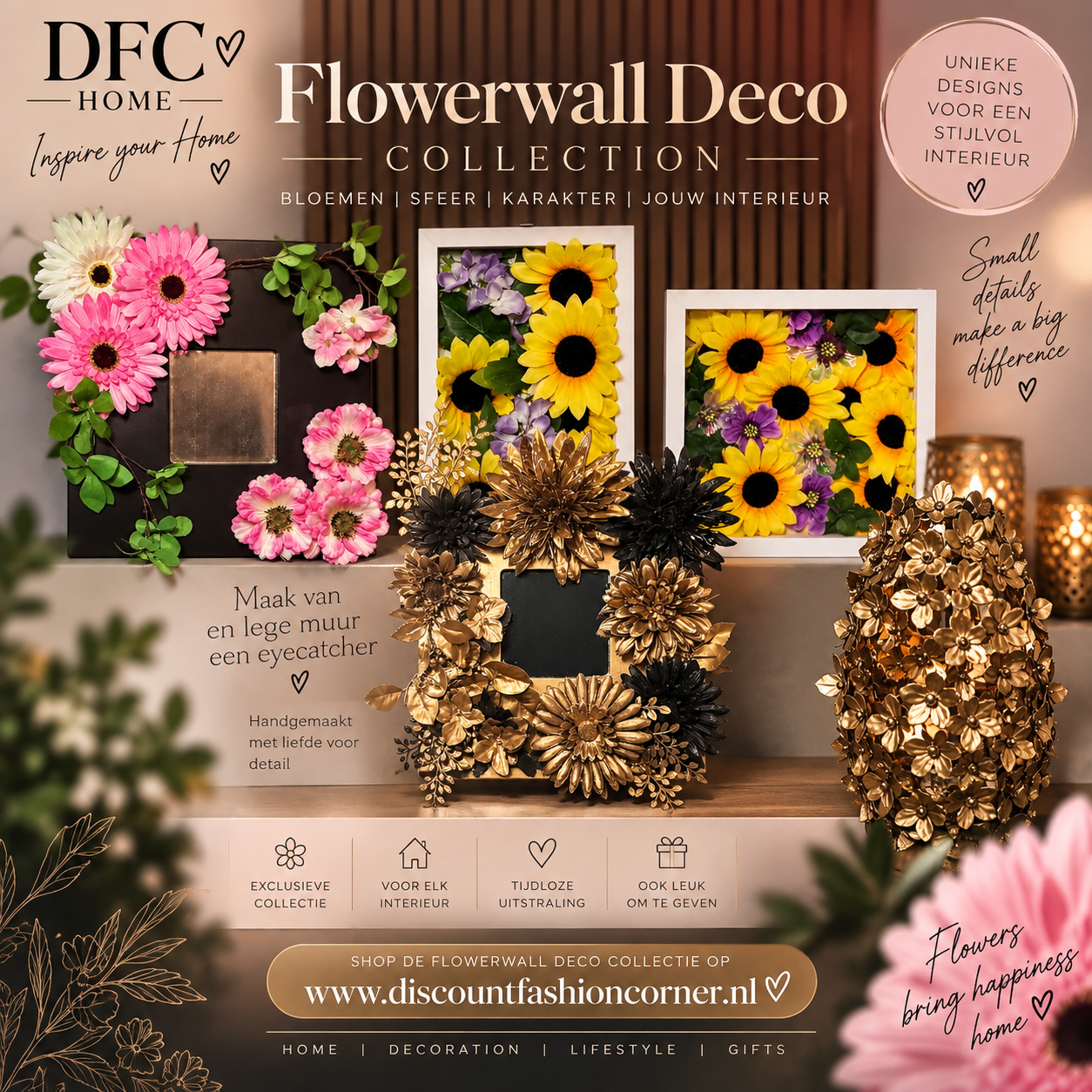Flowerwall Deco | Lijst met zijden bloemen | DFC - Home | Discountfashioncorner Muur Deco 